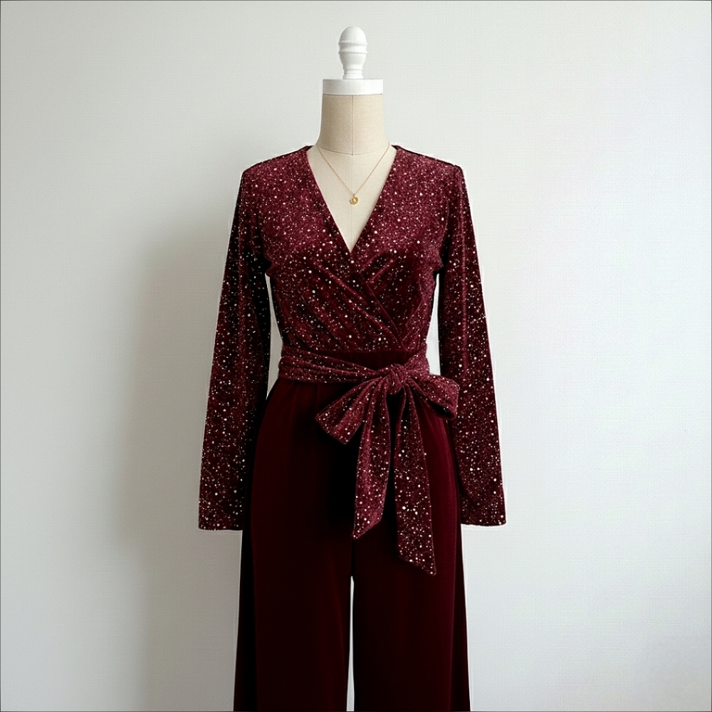 Shein Sparkly Top Velvet Bottom Burgundy Red Jumpsuit